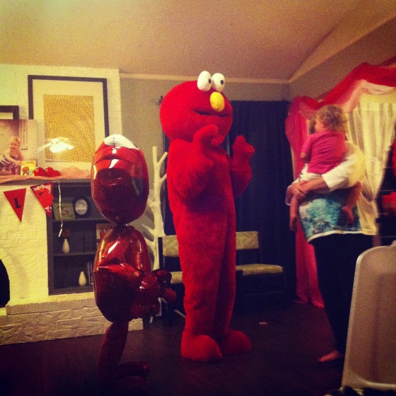 A little Elmo (papa) preview last night to see if she would freak or not. 